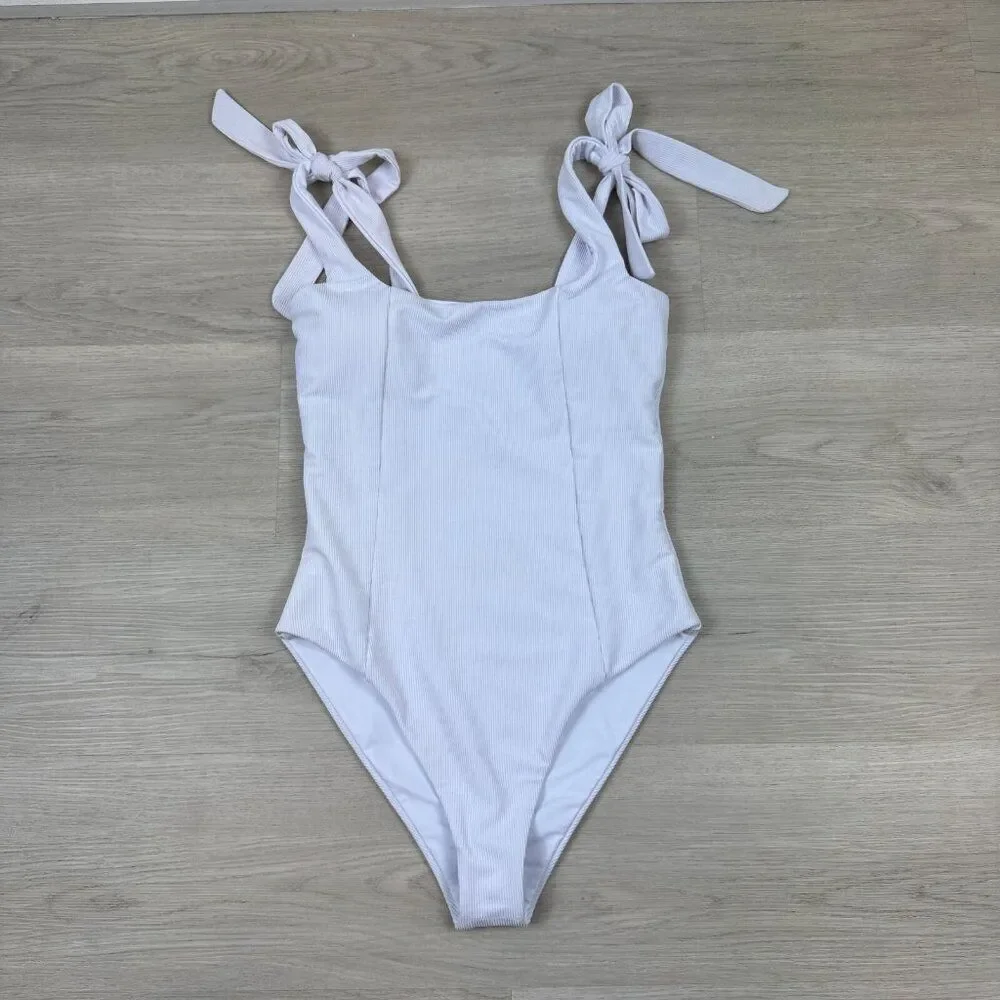 Beach Riot Ribbed One Piece Swimsuit Size Medium White Tie Shoulder‎ Straps NEW